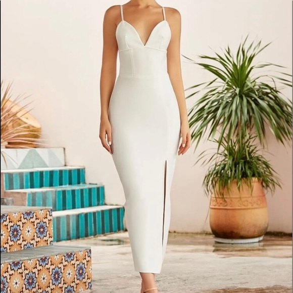 SHEIN Zip Back Slit Hem Bodycon Dress (White) - Picture 1 of 3